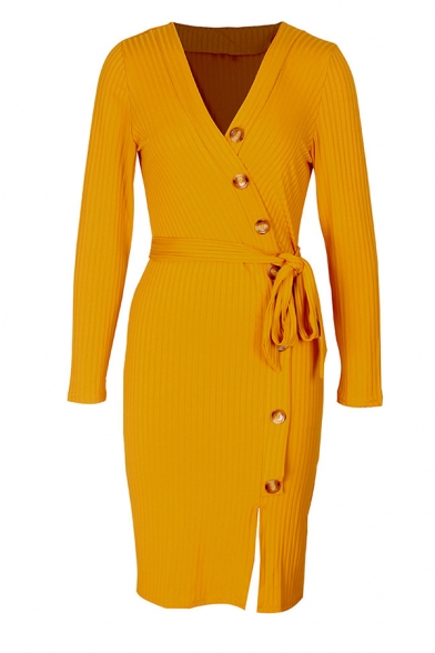 Ladies Sexy Solid Color V-Neck Long Sleeve Tied Waist Side Slit Button Embellished Slim Fit Midi Knit Dress