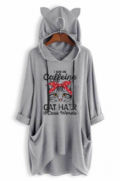Lovely CAFFEINE CAT HAIR Printed Long Sleeve Cat Ear Loose Tunic Hoodie with Pocket