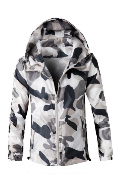 Mens Casual Camouflage Printed Long Sleeve Zip Up Hooded Sports Jacket Coat with Side Pocket