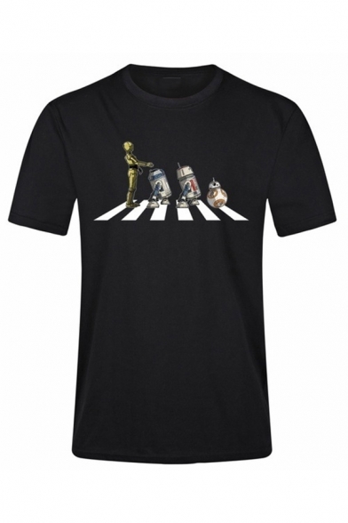 Mens Fashion Robots Zebra Crossing Printed Short Sleeve Black Fitted T-Shirt