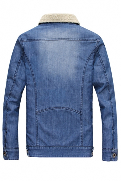 Mens Fashionable Sherpa Lined Long Sleeve Single-Breasted Denim Blue Fitted Jacket Coat
