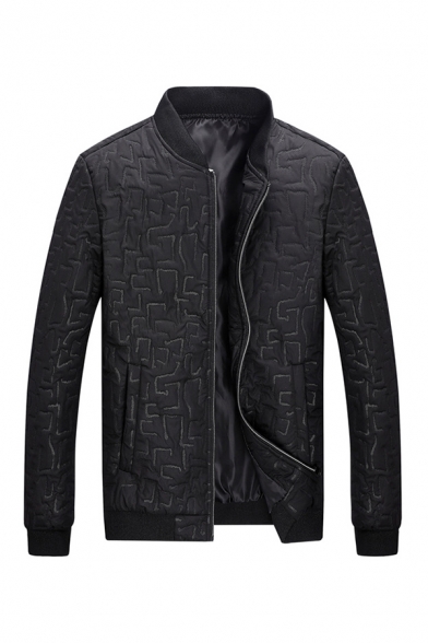 Mens Plain Black Stand Collar Long Sleeve Zip Up Lightweight Quilted Jacket with Pocket