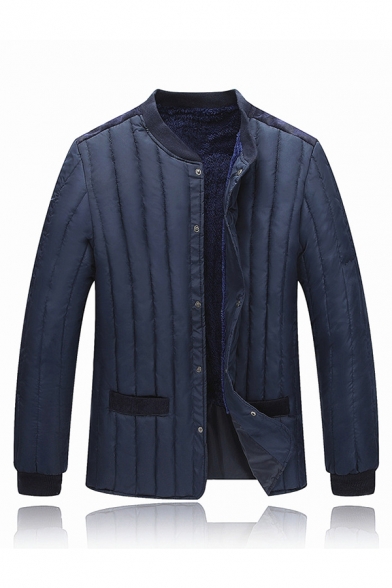 Mens Warm Long Sleeve Stand Collar Button Down Velvet Patch Quilted Down Jacket Coat