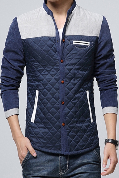 New Arrival Long Sleeve Stand Collar Snap Button Front Color Block Corduroy Patch Quilted Fitted Casual Jacket