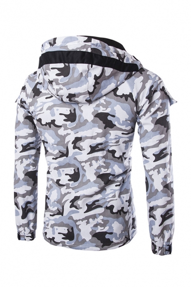 New Camouflage Printed Concealed Zip Closure With Press-Stud Placket Long Sleeve Slim Fit Hooded Jacket Coat
