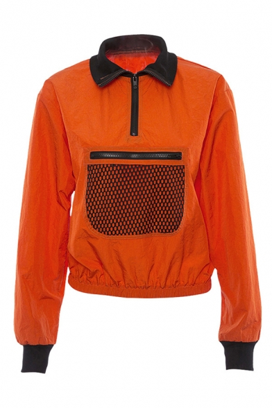 Orange Lapel Collar Half-Zip Long Sleeve Fishnet Paneled Zipper Pocket Loose Fit Sweatshirt