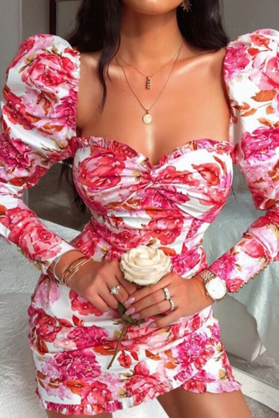 Pink Allover Floral Printed Puff-Sleeve Ruched Front Sweetheart Neck Mini Tulip Dress