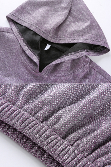 Plain Purple Glisten Long Sleeve Elastic Hem Cropped Drawstring Hoodie