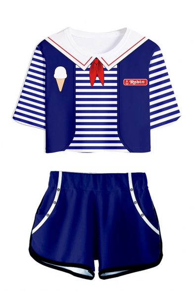 

Popular Sailor Suit Cosplay Blue Short Sleeve T-Shirt Top Dolphin Shorts Two Pieces Casual Set, LC567965