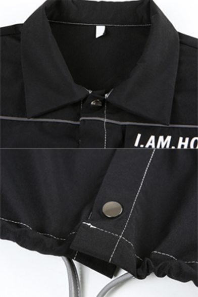 Reflective Stripe Letter I AM HOTTY Print Long Sleeve Single Breasted Drawstring Hem Black Denim Crop Jacket