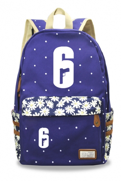 Students Fashionable Number 6 Polka Dot Floral Print Zip Up Canvas School Backpack Bag
