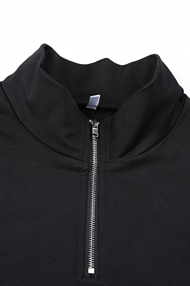Two-Tone Stand Collar Long Sleeve Half Zipper Black Loose Crop Sweatshirt