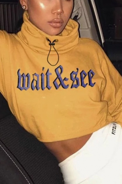 

Unique Letter WAIT & SEE Printed High Collar Long Sleeve Yellow Cropped Sweatshirt, LM567278