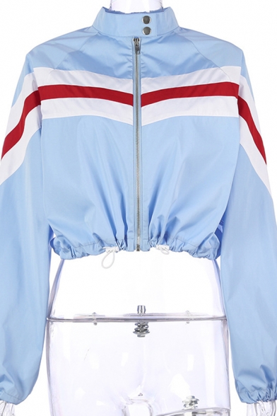 Women Classic Snap Collar Stripe Printed Long Sleeve Drawstring Hem Zip Up Blue Cropped Jacket