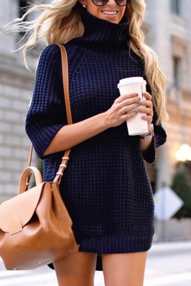 Womens Casual Fashion 3/4 Sleeve Turtle Neck Arc Hem Waffle Knit Longline Pullover Sweater