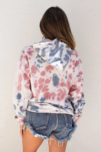 Womens Casual Tie Dye Print Long Sleeve Loose Fit Pink and Blue Drawstring Hoodie with Pocket