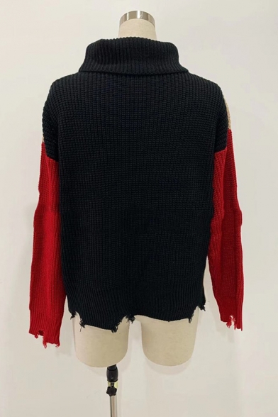 Womens Casual Turtleneck Colorblocked Long Sleeve Ripped Hem Purl-Knit OL Commuting Pullover Sweater
