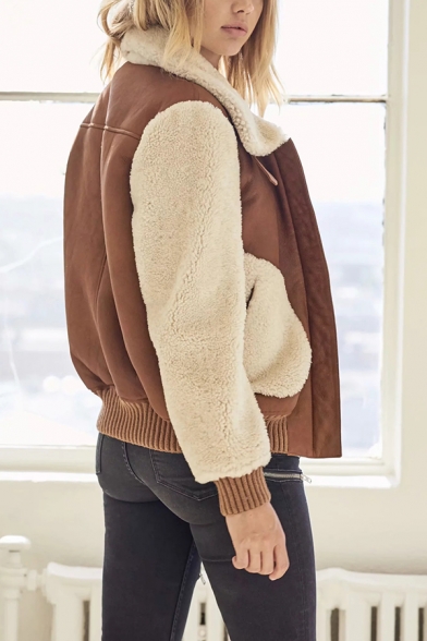 Womens Chic Sherpa Patch Pocket Color Block Lapel Collar Hidden Zip Placket Brown Long Sleeve Warm Thick Coat
