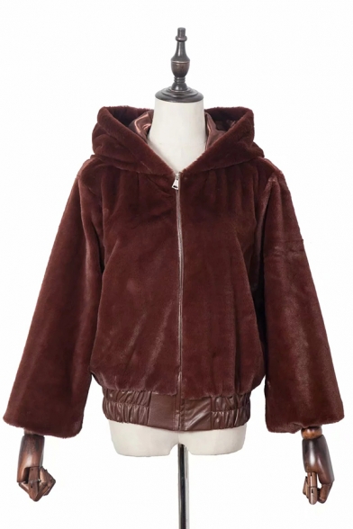 Womens Chic Solid Color Long Sleeve PU Leather Patchwork Hem Zip Up Plush Fleece Cropped Hooded Jacket Coat