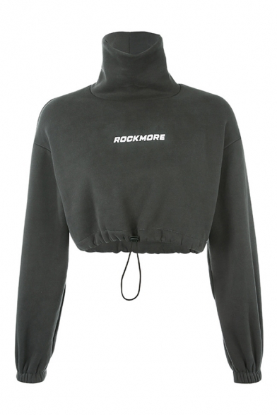 Womens Cool Letter ROCKMORE Printed Long Sleeve High Collar Drawstring Hem Black Loose Cropped Sweatshirt
