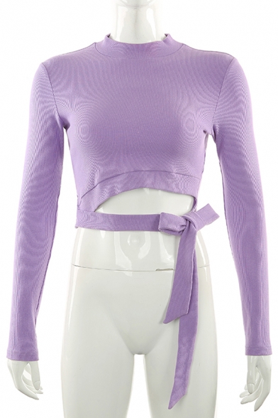 Womens Designer Light Purple Mock Neck Long Sleeve Hollow Out Tied Hem Cropped Sweater Knitwear