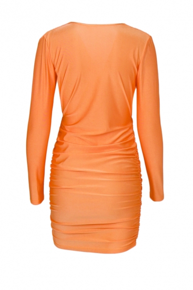 Womens Fall Stylish Orange Deep V-Neck Long Sleeve Ruched Detail Slim Fit Mini Bandage Dress