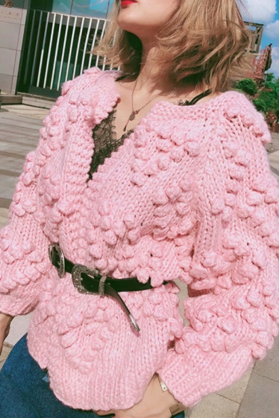 Womens Fashion Solid Color Pompom Heart Shaped Embellished Long Sleeve Open Front Knit Cardigan Coat