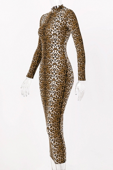 Womens Fashion Tiger Printed Long Sleeve Mock Neck Brown Retro Bodycon Dress