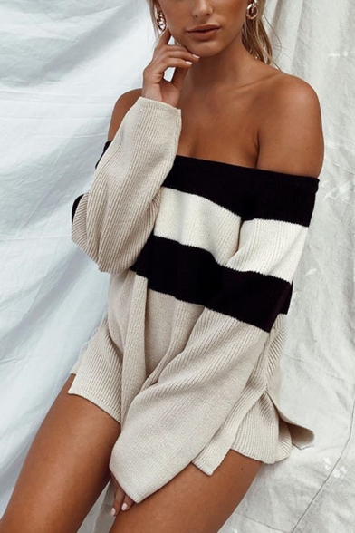 Womens Fashionable Contrast Color Stripe Off Shoulder Loose Fit Pullover Sweater