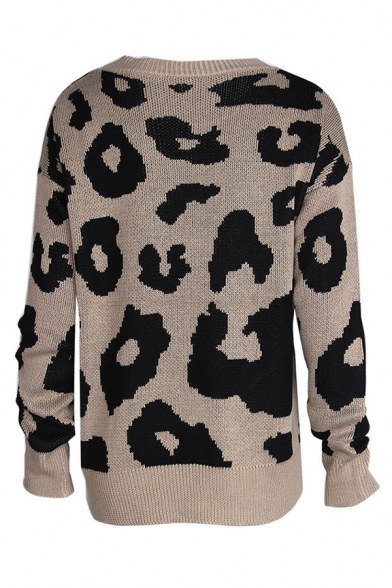 Womens Fashionable Leopard Print Round Neck Regular Casual Pullover Sweater