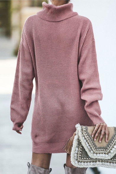 Womens Fashionable Pink Solid Color Long Sleeve Turtleneck Longline Loose Fit Sweater Midi Dress
