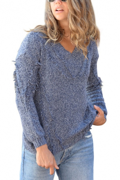 Womens Fashionable Solid Color Tassel Embellished Long Sleeve Loose Knitted Pullover Sweater