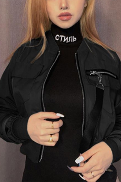 Womens Fashionable Stand Collar Long Sleeve Zipper Ribbon Embellished Flap Pocket Zip Up Casual Cropped Bomber Jacket