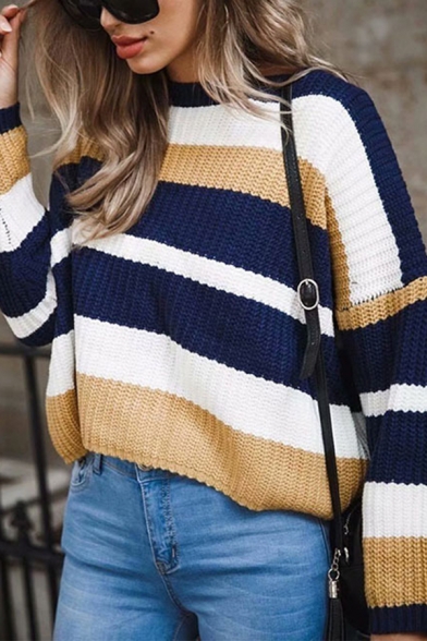 Womens Fashionable Stripes Printed Long Sleeve Round Neck Loose Fit Knitted Pullover Sweater