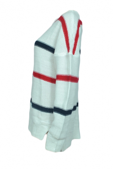 Womens Loose Colorblock Stripe Long Sleeve Drop Shoulder Dipped Hem White Pullover Sweater