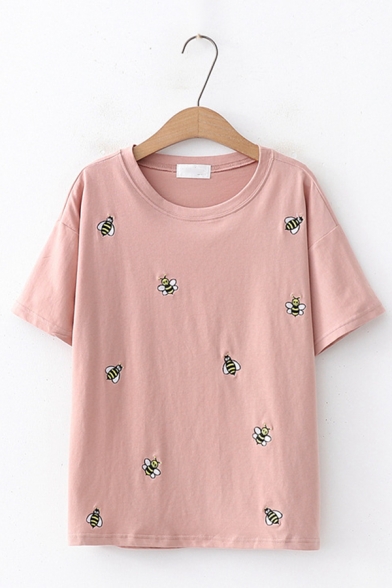 Womens Lovely Bee Embroidery Round Neck Short Sleeve Casual Loose Pullover T-Shirt