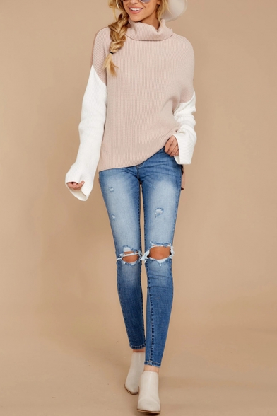 Womens New Trendy Color Block Long Sleeve Turtle Neck Oversized Pullover Sweater