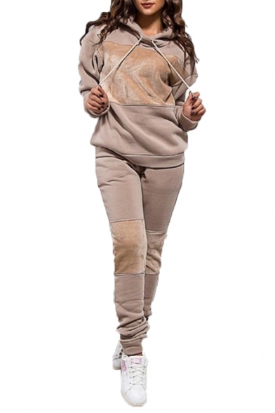 Womens Plain Patchwork Long Sleeve Drawstring Hoodie & Casual Pants Two Piece Sports Set