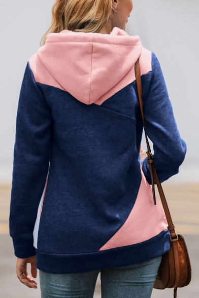 Womens Popular Colorblock Cut-and-Sew Long Sleeve Slim Fit Casual Drawstring Hoodie