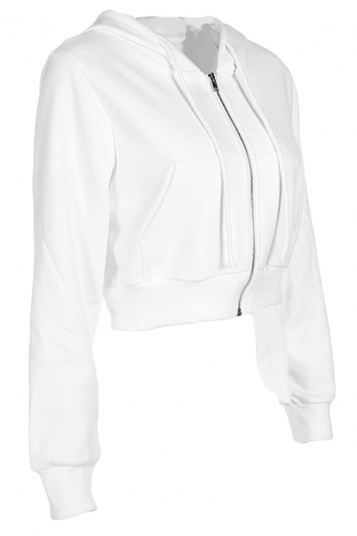 Womens Popular White Plain Long Sleeve Zip Up Crop Casual Jacket