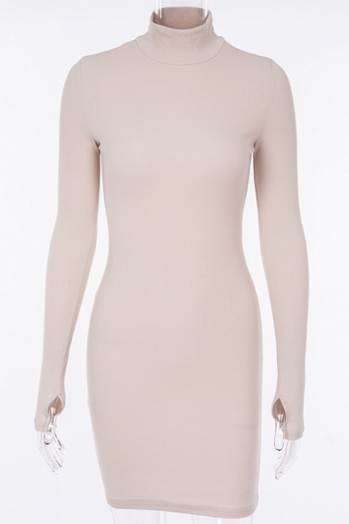 Womens Stylish Plain Long Sleeve High Collar Mini Bodycon Dress