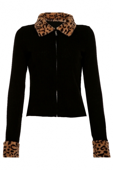 Womens Vintage Fashion Leopard Panelled Lapel Collar Long Sleeve Slim Fit Black Zipper Cardigan Top