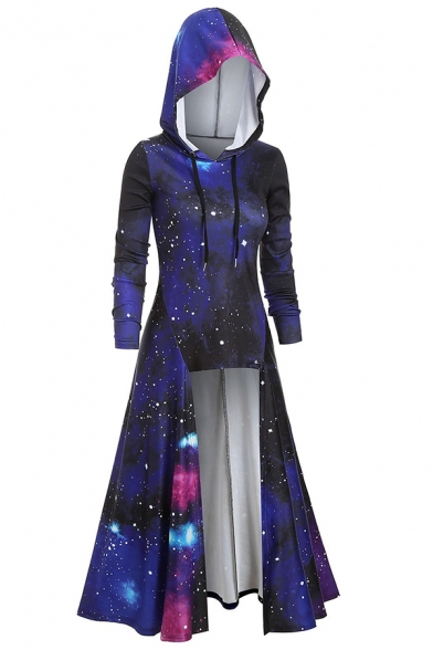 Womens Vintage Universe Galaxy 3D Printed Long Sleeve High Low Hem Maxi Drawstring Hooded Dress (Pictures for Reference)