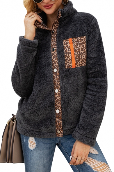 Womens Warm Leopard Patchwork Zipper Pocket Long Sleeve Button Front Fluffy Plush Coat