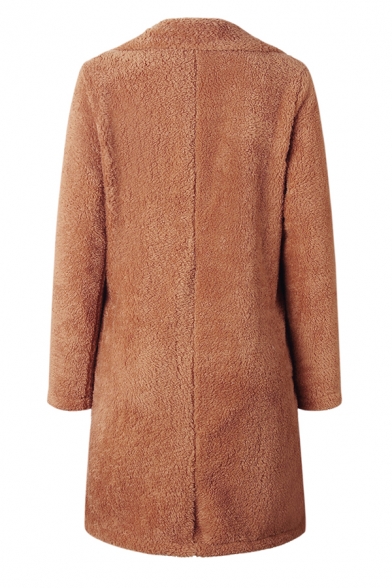 Womens Warm Solid Color Long Sleeve Open Front Fuzzy Teddy Longline Overcoat