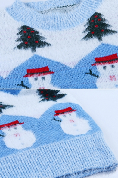 Blue Regular Christmas Tree and Snowman Printed Long Sleeve Cozy Faux Mink Knitted Pullover Sweater for Women