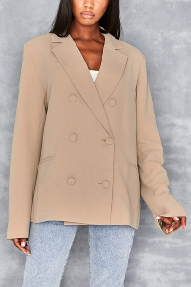 Chic Solid Color Long Sleeve Double-Breasted Baggy Casual Blazer Coat with Pocket