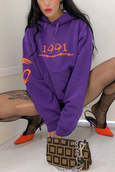 Creative Number and Letter Printed Long Sleeve Oversized Purple Drawstring Hoodie with Pocket