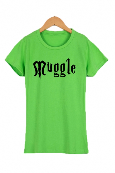 Cute Letter MUGGLE Printed Short Sleeve Round Neck Slim Fit  Casual Tee Top for Women