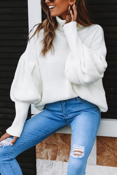Female Whole Colored Bishop Long Sleeve Turtleneck Loose Fit Pullover Sweater
